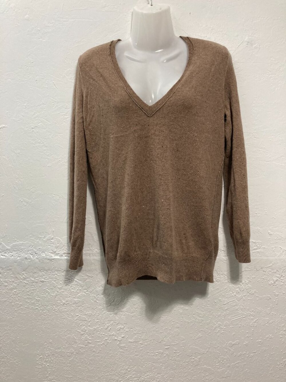 Wallace Lambs Wool Blend Knit Sweater V neck Brown Old Money Flecked S